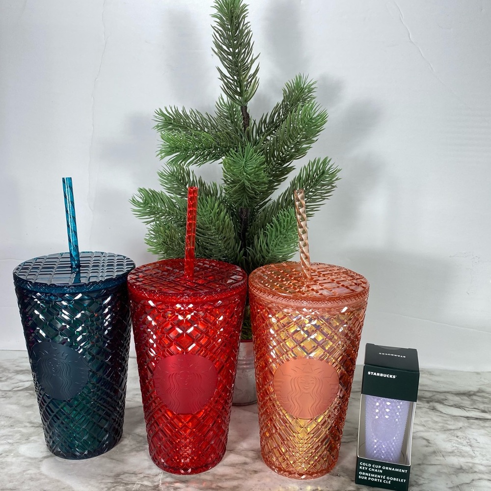 Starbucks Holiday 2021 Grande Jeweled Tumbler Set and Studded Cold Cup Keychain